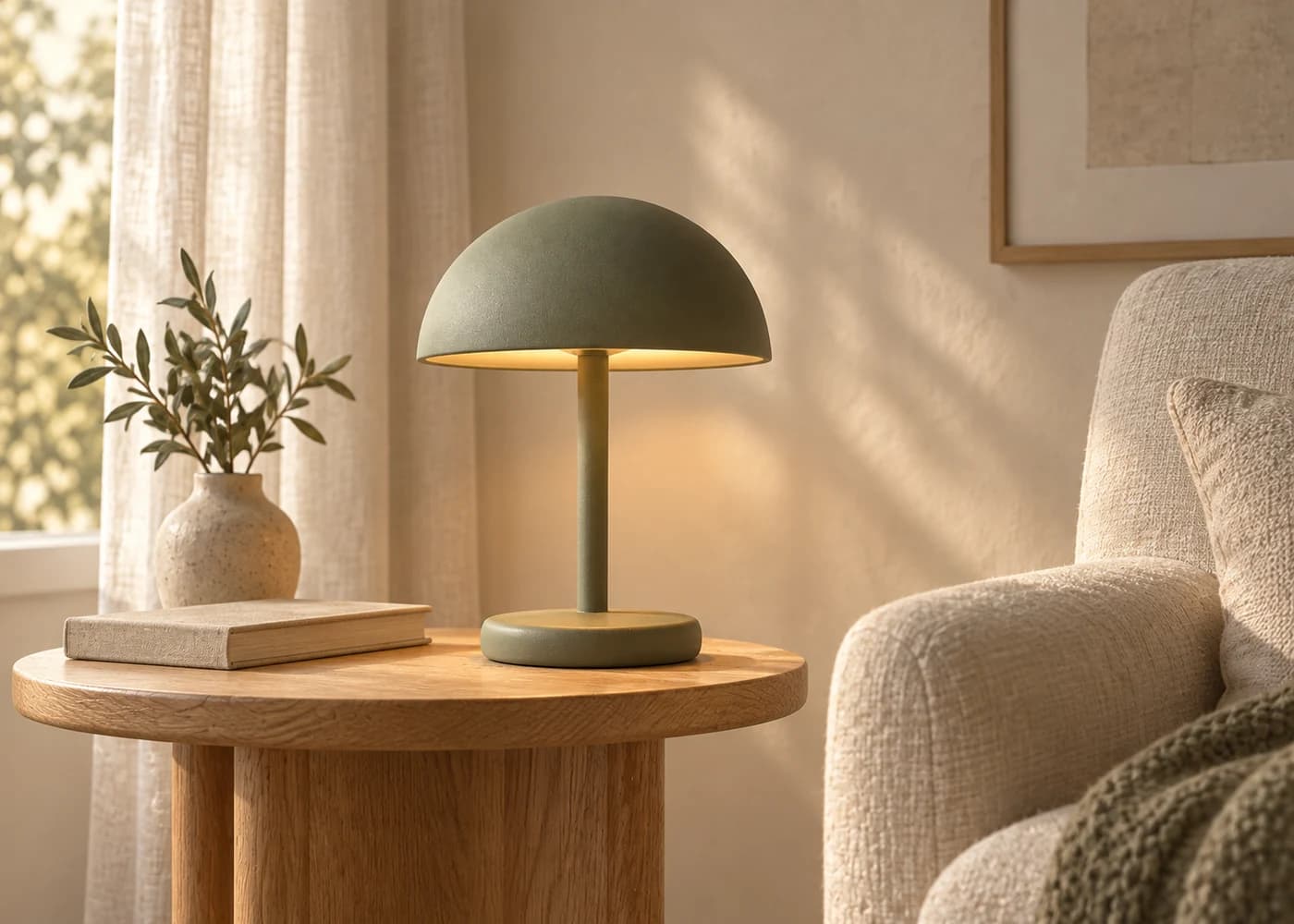 A warm portable lamp bringing atmosphere to a contemporary living room